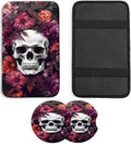 JANENFNA Car Armrest Cover Pads Universal Fashion Cute Auto Center Console Armrest Cover Pad with 2PCS Car Coasters Soft Waterproof Car Armrest Seat Protector for Women,Skull Red Flowers