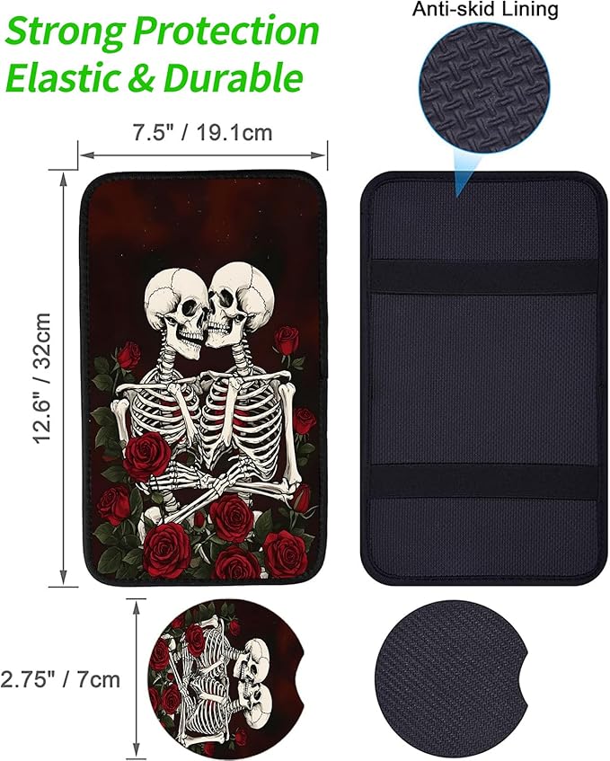 JANENFNA Car Armrest Cover Pads Universal Fashion Cute Auto Center Console Armrest Cover Pad with 2PCS Car Coasters Soft Waterproof Car Armrest Seat Protector for Women,Skulls Roses