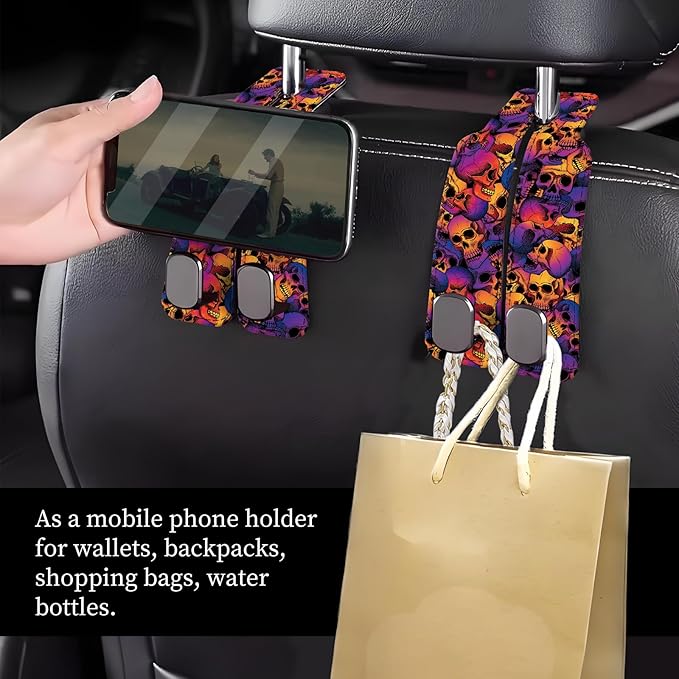 NUGGHU Car Seat Headrest Hook, Universal Leather Cute Hanger Holder Hook, Storage Organizer Interior Accessories for Purse Bags Handbag Luxury Purple Skulls