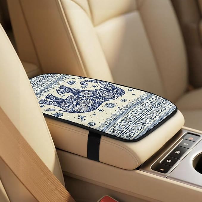 FUSURIRE Car Accessories Set, 5PCS Ethnic Elephant Pattern Vehicle Kit with PU Front Seat Covers, Seat Belt Covers & Center Armrest Pad, Universal Automotive Interior Ornament