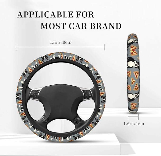 Grey Boston Terrier Pizza Universal Fit Steering Wheel Cover for Car, Truck, and SUV, Durable Steering Wheel Protection