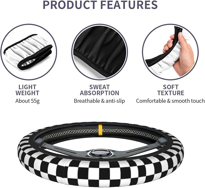 Black and White Race Checkered Steering Wheel Cover for Women Men Girls Car Accessories Decor Anti-Slip Neoprene Auto Steering Wheel Covers Protector Universal 15 Inch