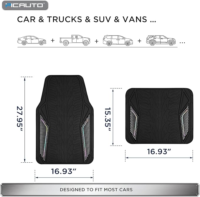 PIC AUTO Rubber Floor Mats, Black Aluminum Film with Colorful Piping Floor Mats for Cars, Car Mats with Non-Slip Backing, All-Weather Protection, Trim-to-Fit Liner for Cars, SUVs, Trucks, Vehicles