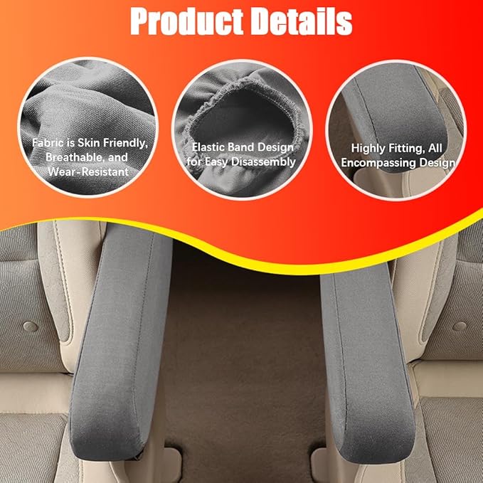 Smeyta 2PC Car Front Seat Armrest Covers,Universal Size Seat Arm Rest Cover,Flat Cloth Fabric Armrest Cover,Car Interior Accessories(Gray,1Pair)