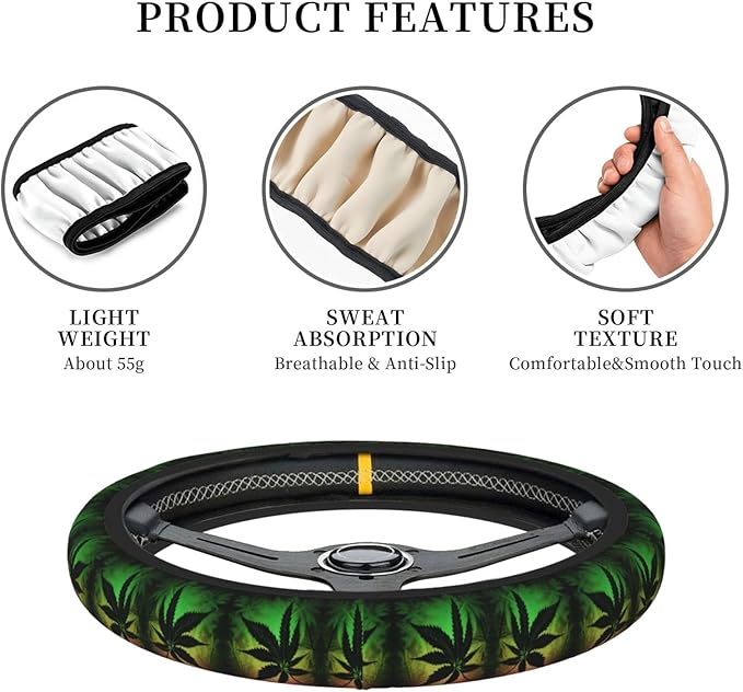 Jamaica Leaves Flag Car Steering Wheel Cover, 15 Inch Steering Wheel Cover Stylish Decor for Most Cars