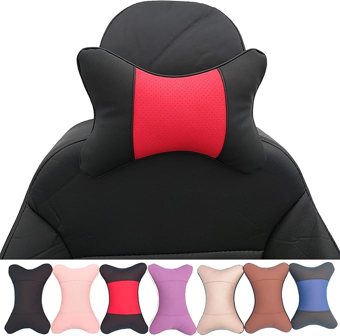 Thomakoo Car Neck Pillows 2pcs Pack Car Headrest Pillow Pu Leather Car Cervical Pillows for Traveling Car Pillows Filled by Fiber (Black Red)
