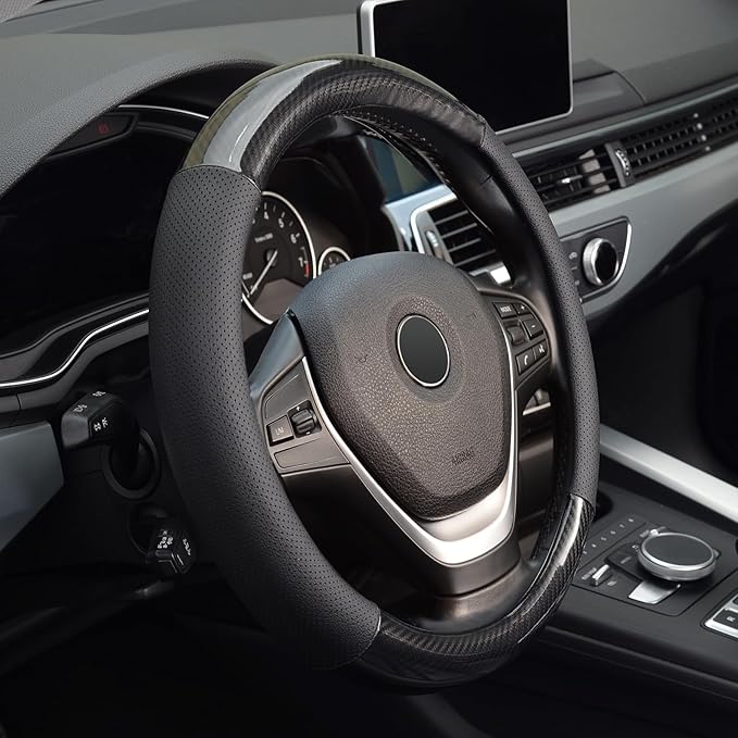 KAFEEK 16 inch Classic Carbon Fiber Steering Wheel Cover Compatible with F150 F250 F350 Ram 4Runner Tacoma Tundra Range Rover, Breathable Microfiber Leather, Black