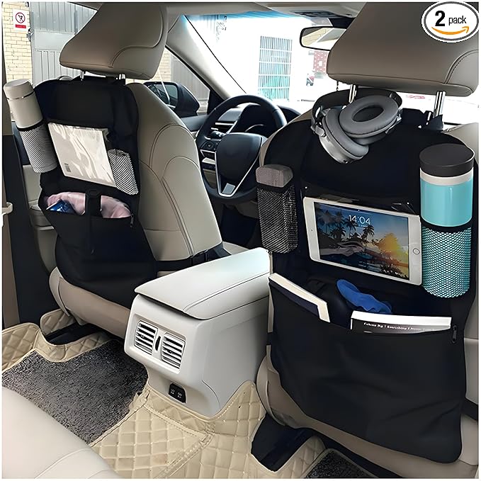 2 PCS Car Backseat Organizer, Heavy Duty Seat Back Storage Bag with Touch Screen Tablet Holder, Waterproof Kick Mats Back Seat Protector for Kids Toddlers, Car Accessories (Zipper)