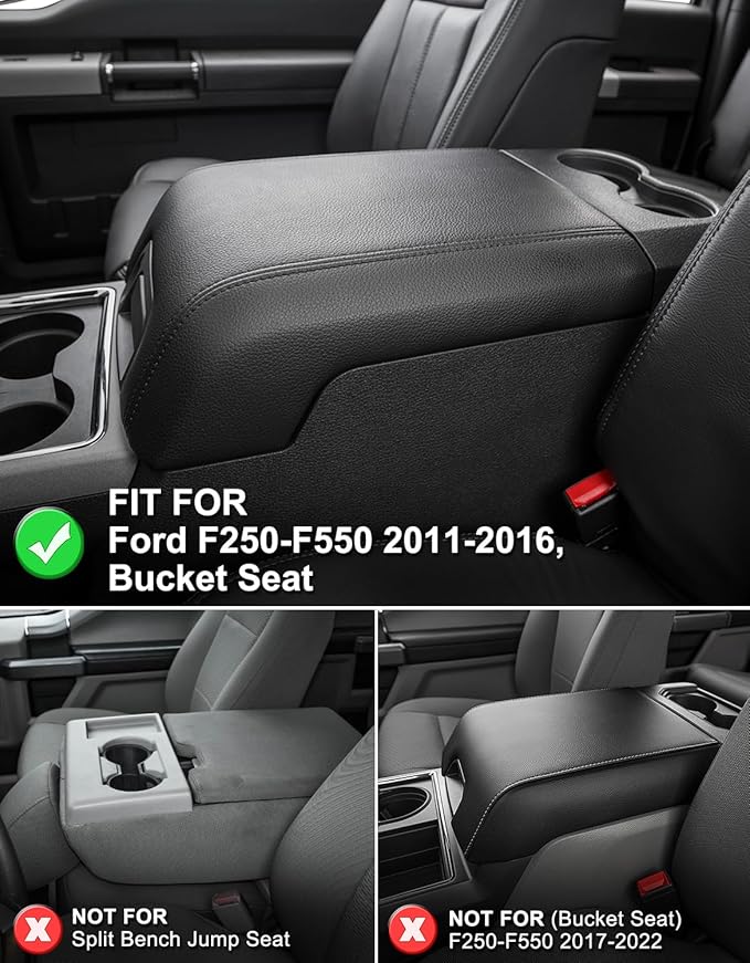KBH Center Console Cover for Ford F250 F350 F450 F550 2011 2012 2013 2014 2015 2016, Vinyl Leather, Armrest Cushion Pad Protector, Anti-Scratch, Black (Fits Bucket Seat Console Only)