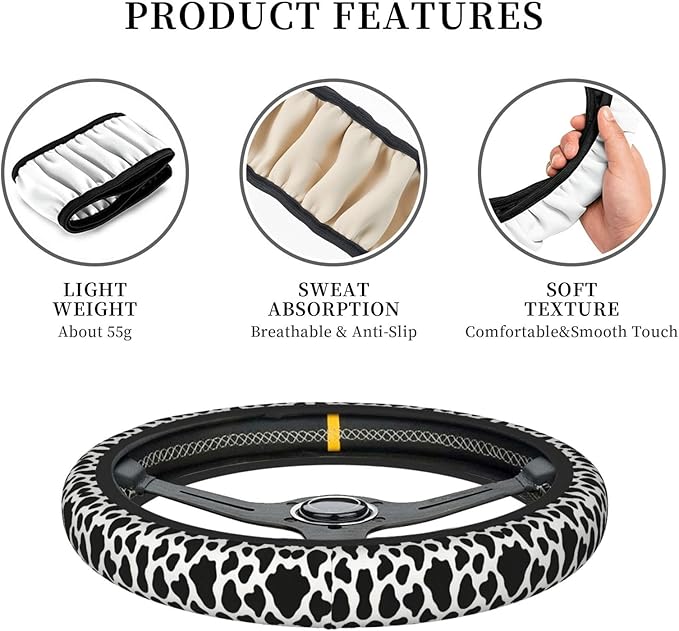 White Leopard Print Car Steering Wheel Cover, 15 Inch Steering Wheel Cover Stylish Decor for Most Cars