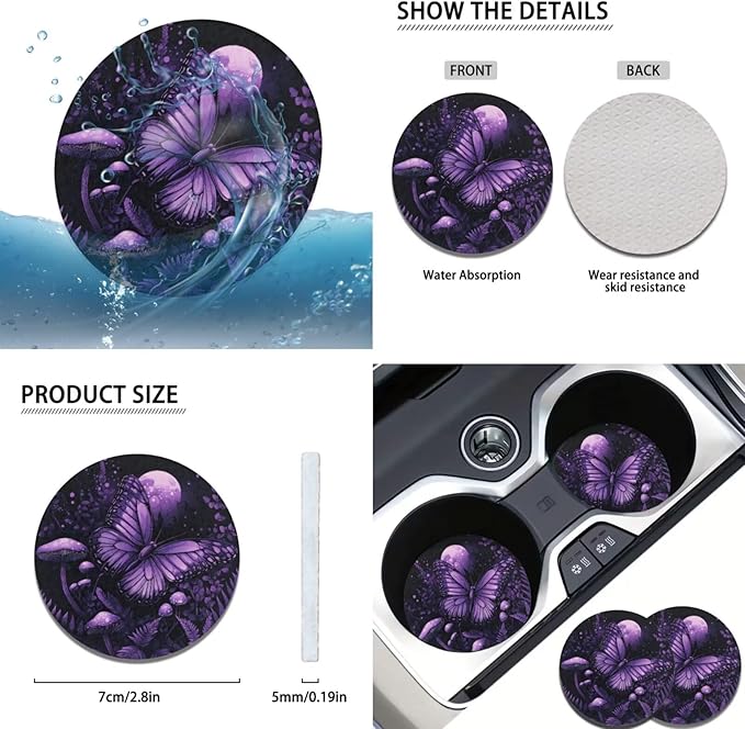 Purple Butterfly Car Steering Wheel Cover Set for Men Women Cute Mushroon Print Cup Coaster Car Armrest Cover Fits Most Cars Trucks Vans and SUV