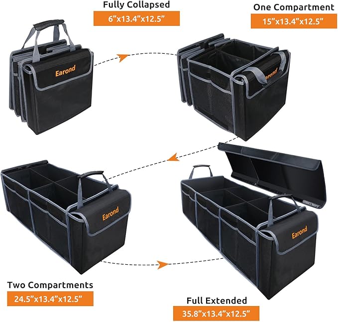 EAROND Car Trunk Organizer with Lid,Collapsible Car Storage Organizer with Multi Compartments and Securing Straps for SUV,Sedan,Jeep-Black & Grey