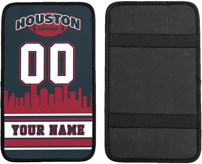 Custom Houston Car Armrest Covers Personalized Football Style with Name Number Customized Auto Center Console Pad Car Handrail Box Cushion for Most Vehicle Decor Accessories, Fans Gift