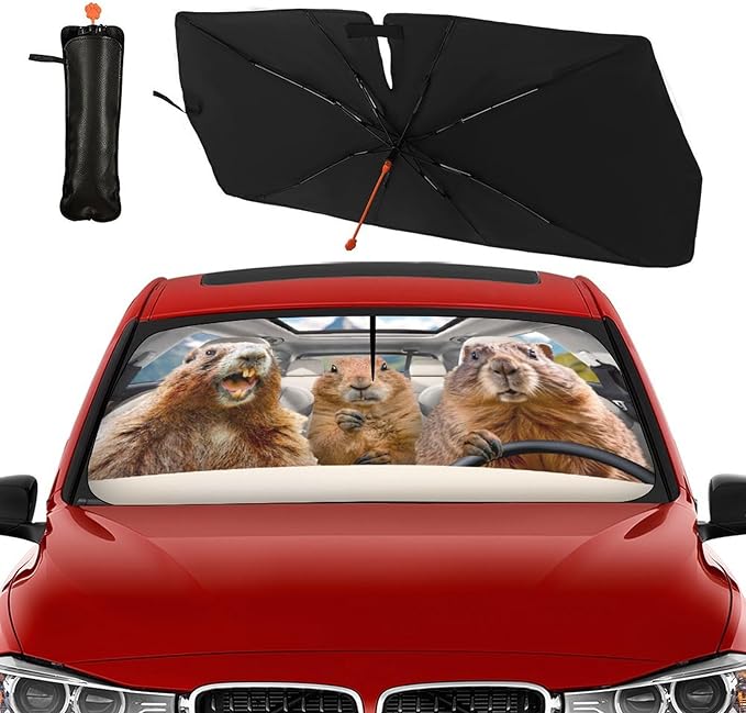 DOPINDU Funny Groundhog Car Windshield Sun Shade Umbrella Bendable Handle Foldable Animal Print Sunshade for Car Windshield Block UV Rays Keep Vehicle Cool for Most Sedans SUV Trucks Cars 57"x30"