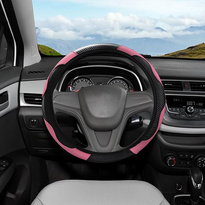 Car Steering Wheel Cover, 15 Inch Carbon Steering Wheel Cover, Breathable Anti-Slip Steering Wheels Accessories for Men Women, Car Interior Accessories for Most Cars