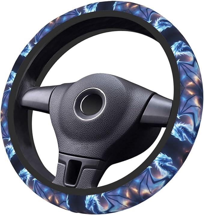 Cool Dragon Blue Car Steering Wheel Cover, 15 Inch Steering Wheel Cover Stylish Decor for Most Cars