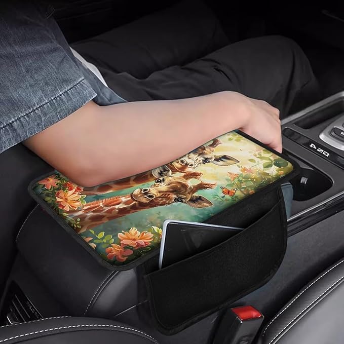 BIGCARJOB Personalized Armrest Cover for Car Center Console,Animal Giraffe Print Car Center Console Cover Automotive Car Armrest Cover Cushion with Side Pockets,Universal for Most Cars