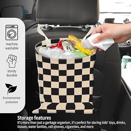ADQWIOVL Car Garbage Can, Seat Back Hanging Cute Car Trash Can Bag, Car Organizer and Storage Bag for Travelling, Outdoor Cute Black Beige Plaid