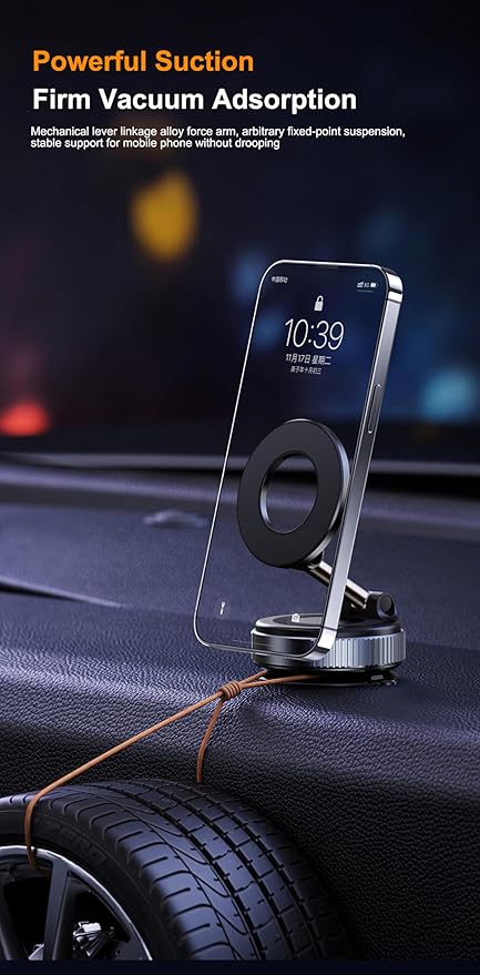2026 Design Powerful Magnetic Car Phone Holder – 360° Rotating Silicone Vacuum Suction Mount for Dashboard Universal Magnetic Mount Compatible with All iPhone, Samsung, Huawei, Xiaomi & More. (Black)