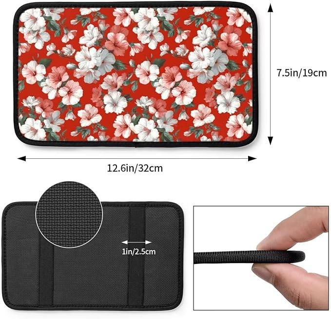 Red Hibiscus Car Center Console Cushion Pad Tropical Hawaii Armrest Seat Box Cover Protector Floral Cute Hawaiian Comfortable Cars Decor Accessories