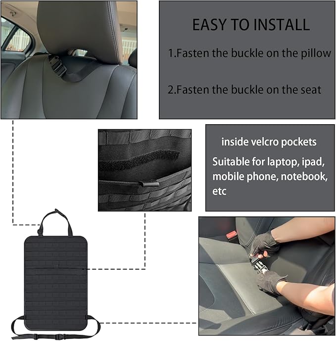 MEAUTELE 8 Pack Tactical Molle Car Seat Back Organizer Vehicle Panel with 7 Detachable Molle Pouch for Car Truck Ford Jeep Vehicle Automotive Organizer For Man Combined On Demand (7 Pouches)