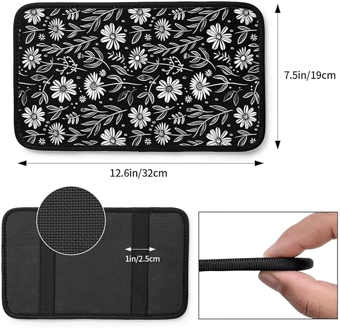 Daisy Car Center Console Cover Black White Floral Armrest Cushion Cute Arm Rest Protector Interior Accessories Fit for Most Cars Sedans Vans Truck Vehicles SUV