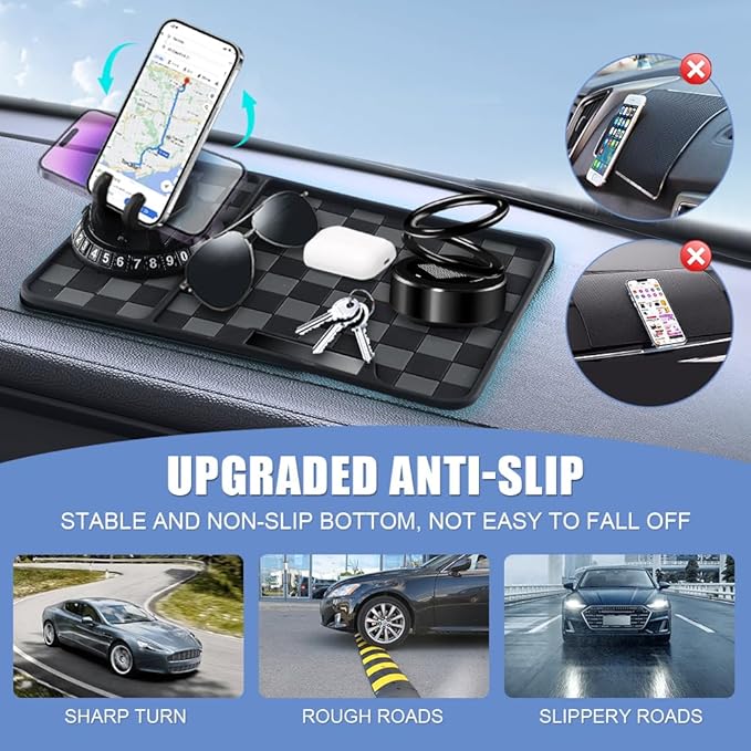 NHHEO Car Anti Slip Mat Dashboard Tray Decorations Sticky Pad Thicken Washable with 360° Rotating Universal Phone Pad Holder+Number Plate for GPS Aromatherapy Sunglasses Key(Black&Gray)