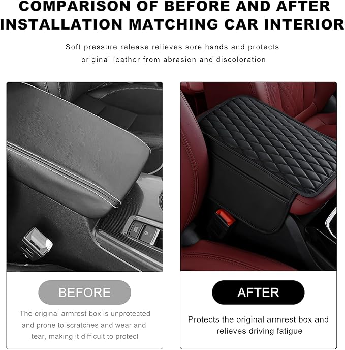 Car Center Console Cover, Waterproof Leather Arm Rest Cushion Pad with 2 Storage Bags, Anti-Scratch Armrest Seat Box Protector Interior Accessories for Most Vehicles (Black)