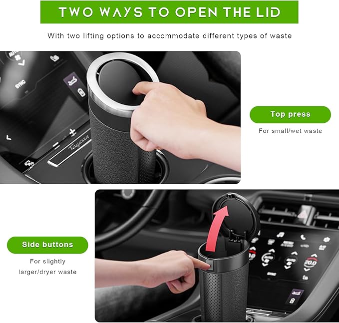 Car Trash Can Bin with Lid, Cup Holder Garbage Container Leakproof Vehicle Door Trash Bin, Mini Portable Dustbin Multipurpose Organizer for Auto Side Door Home Office (Black)