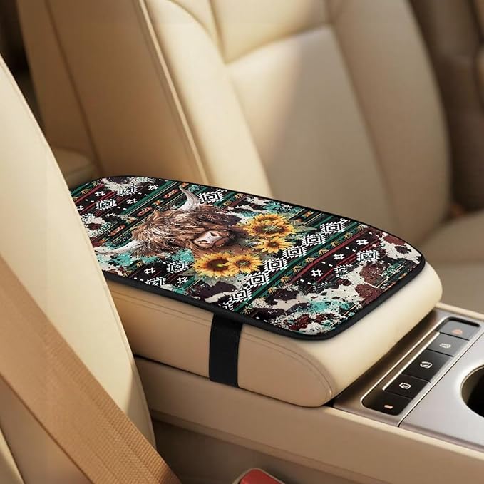 Qeluxign Car Seat Covers 2 Front Seats Universal Center Console Protector Auto Seat Belt Cover Against Stains, Spills, Dust Car Interior Accessories 5 Piece Set,Highland Cow Sunflower Tribal