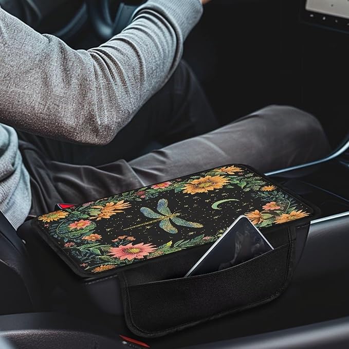 BIGCARJOB Art Dragonfly Print Armrest Pad with Pocket Universal Car Armrest Cover Center Console Pads Flower Dragonfly Print Car Armrest Storage Box Car Interior Accessories for Most Vehicles
