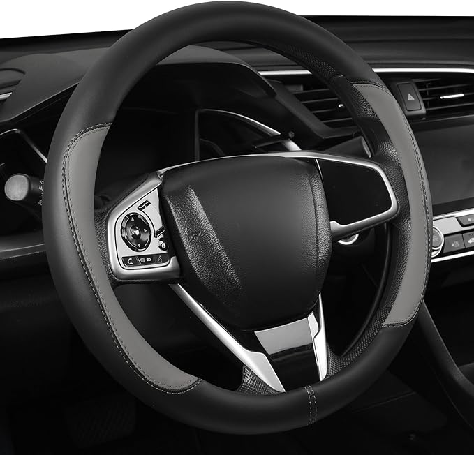 Car Steering Wheel Cover,Microfiber Leather Steering Wheel Cover Universal 14.5-15 inch, Anti-Slip Breathable Auto Wheel Cover Protector for Men Women (Black&Gery)