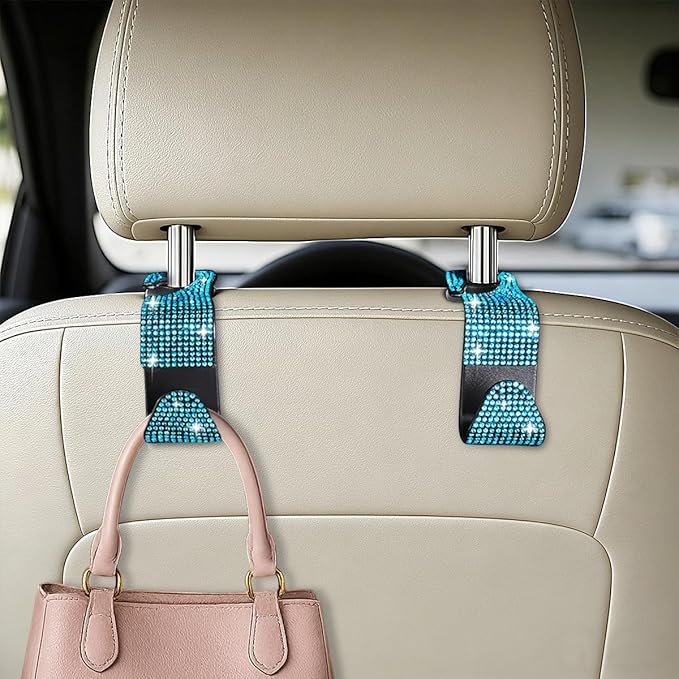 HZEL Bling Car Seat Headrest Hooks, 4PCS Crystal Rhinestone Vehicle Seat Back Hanger Holder for Purses Bag Handbags, Diamond Headrest Storage Organizer, Universal Auto Accessories (Blue)