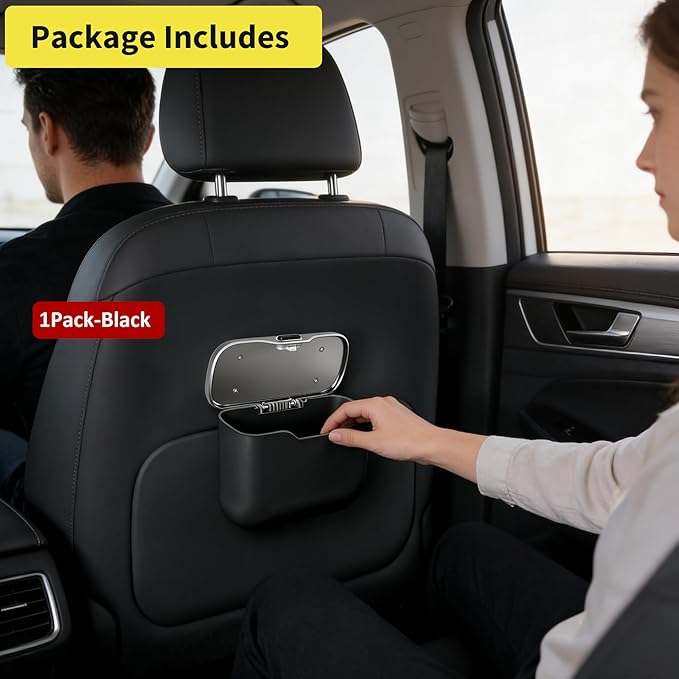 Mini Car Trash Can with Lid, Leakproof Car Trash Bin Small Car Garbage Can for Back Seat Front Seat Door Dry/Wet Waste, Universal Hanging Trash Can for Car, Sedan, Trucks, SUVs, Most Vehicles (Black)