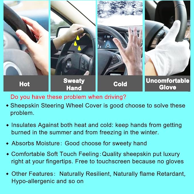 Genuine Fuzzy Wool Sheepskin Fur car Steering Wheel Cover for Adults Girls Women Men,Protector for Universal Steering Wheel 35CM-41CM, Anti-Slip,Comfort Luxurious, Gift for Women (Light Purple)