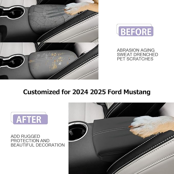 Mustang Center Console Cover Compatible with 2024 2025 Ford Mustang Accessories Mustang Armrest Cover Center Console Pad 2025 Mustang EcoBoost Premium/GT Armrest Console Cover Soft Leather,Gray Line