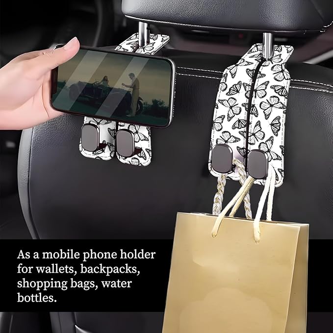 NUGGHU Car Seat Headrest Hook, Universal Leather Cute Hanger Holder Hook, Storage Organizer Interior Accessories for Purse Bags Handbag Black White Cute Butterfly