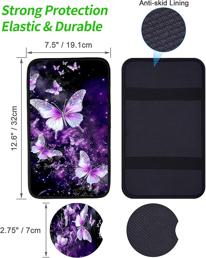 JANENFNA Car Armrest Cover Pads Universal Fashion Cute Auto Center Console Armrest Cover Pad with 2PCS Car Coasters Soft Waterproof Car Armrest Seat Protector for Women,Purple Butterflies