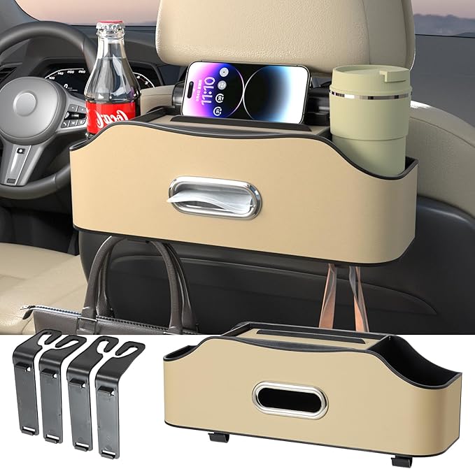 Back Seat Cup Holder for Car – Multifunctional Rear Seat Organizer with Drink Holders, Tissue Box Storage & Hooks, Fits Headrest for Auto, Family Travel Accessories. (Beige)