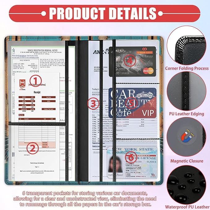 Car Registration and Insurance Card Holder for Women Men, Waterproof PU Leather Glove Box Car Organizer with Magnetic Shut, Vehicle Document Holder for Driver License,Cards, Cute Cat Wooden Board