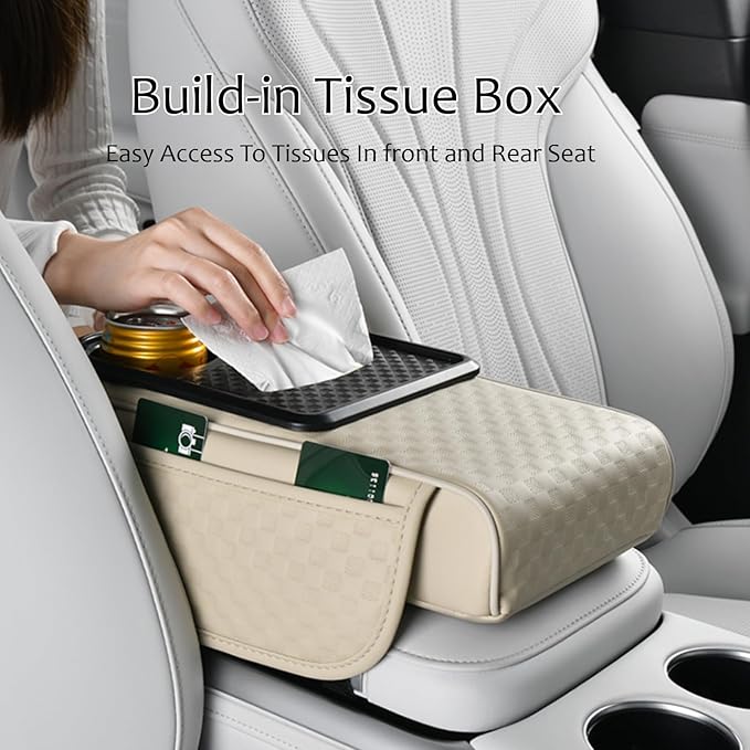 Car Center Console Armrest Pad, Arm Rest Box Cushion with Ergonomic Height Boost, Storage Pockets, Built-in Tissue Box, Cupholder, Fit for Most Sedan Vehicles (Embossing Checkerboard, Grey)