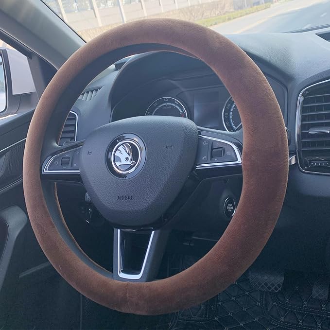 Fluffy Steering Wheel Cover, Short Plush Auto Accessories for Men and Women with Inner Ring Universal 15 Inch (Brown)