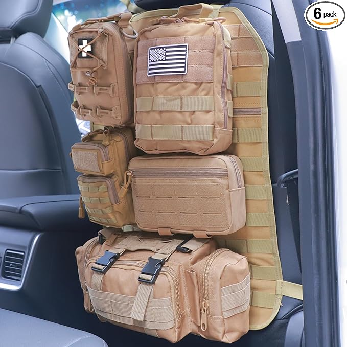 Universal Tactical Car Seat Back Organizer Bag Tactical Molle Vehicle Organizers Panel Vehicle Protector Organizers with 5 Detachable Pouches for Car Truck Ford Jeep (Model B-Khaki)