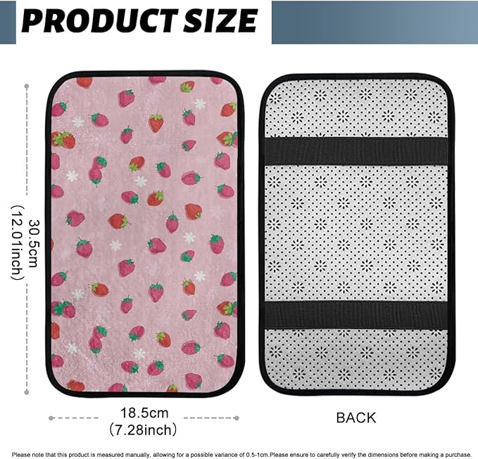 CLOHOMIN Pink Strawberry Car Center Console Cover Cute Armrest Cover for Car Truck Van Flannel Auto Arm Rest Cover Accessories with Elastic Bands
