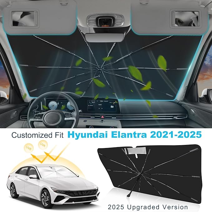 2025 Upgrade Windshield Sun Shade Umbrella Custom Fit for Hyundai Elantra 2021-2025 Foldable UV Protection Car Cover, Emergency Rain Shield & Dashboard Protector - Durable Auto Accessory