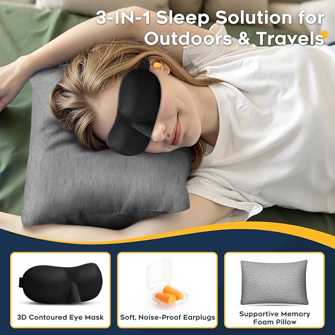 CushyOasis All-in-1 Camping Pillow Set - Shredded Memory Foam Small Travel Neck Pillow for Sleeping with Eye Mask, Earplugs & Washable Cover, Compact for Backpacking, Hiking, Airplane, Car, S Size