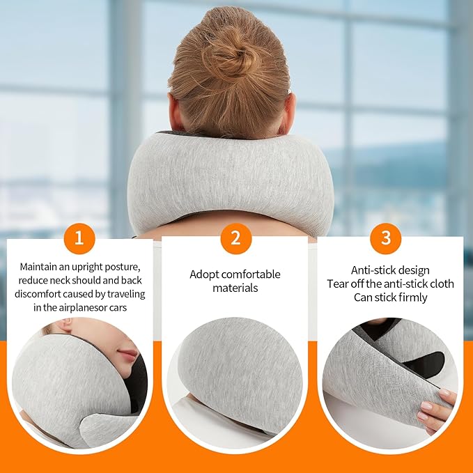 Ziixmile Travel Neck Pillow for Airplane – Memory Foam 360° Support Compact Design Ergonomic Flight Pillow for Sleeping & Neck Support Portable Travel Pillows for Adults, Car, Office Home (Grey)