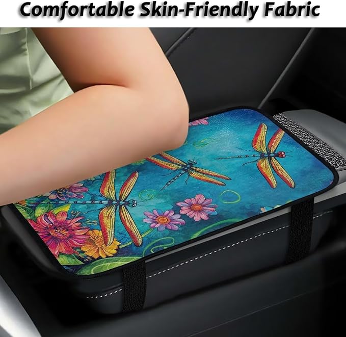 Bulopur Dragonfly Armrest Cover Car Easy to Install Car Center Console Cushion Pad Flannel Auto Armrest Console Car Accessories Comfortable Universal Fit Most Cars Women Men