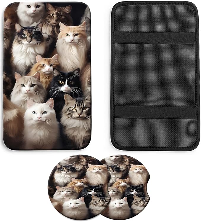 JANENFNA Car Armrest Cover Pads Universal Fashion Cute Auto Center Console Armrest Cover Pad with 2PCS Car Coasters Soft Waterproof Car Armrest Seat Protector for Women,Bunch of Cats