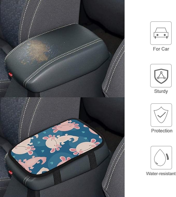 Axolotlkawaii Car Center Console Cushion Pad,Waterproof Armrest Seat Box Cover Protector,Comfortable Car Decor Accessories Fit for Most Cars, Vehicles, SUVs